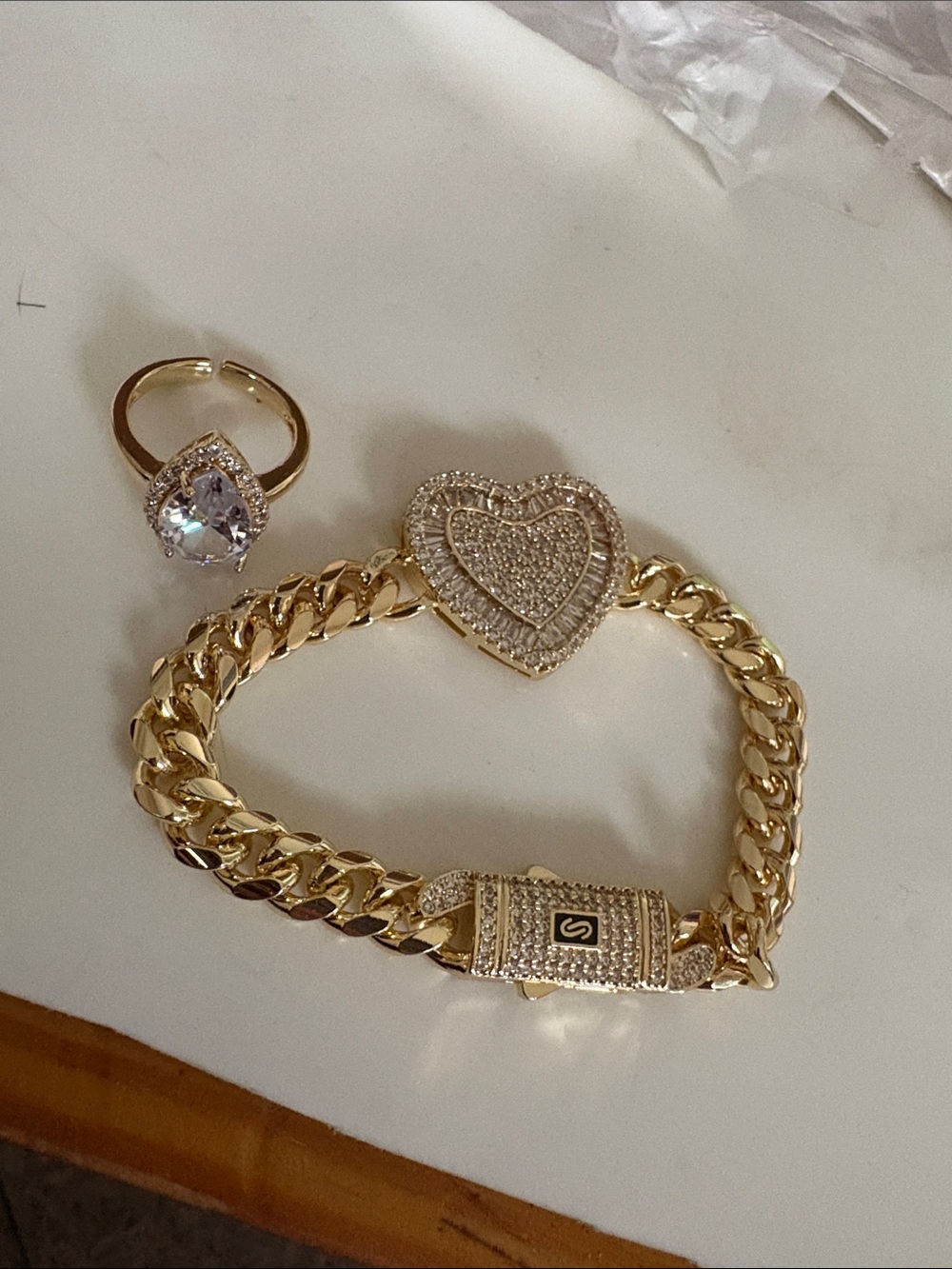 Gold Heart Cuban Link Bracelet with Pavé Crystals